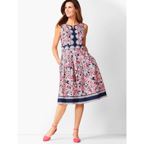 Talbots Fit & Flare Paisley Dress Size 14 Blue Pink White EUC Preppy - Picture 2 of 10